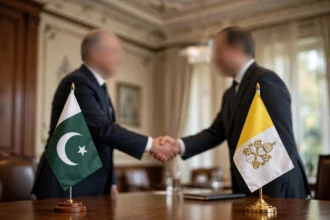 Pakistan and Vatican flags at a diplomatic meeting in Islamabad